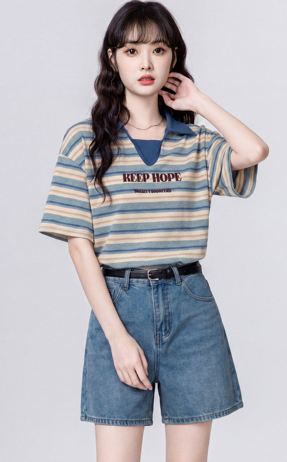 Striped Polo Neck Short Sleeve Top