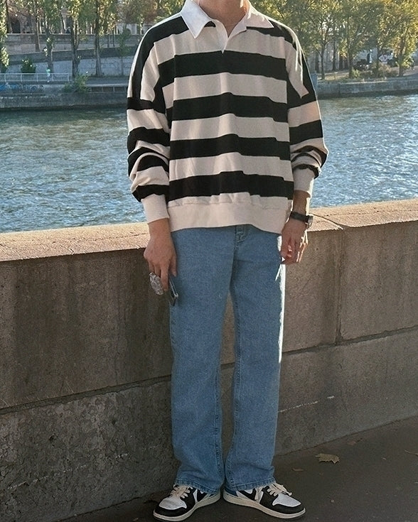Striped Polo Sweatshirt Classic Pullover Fashion