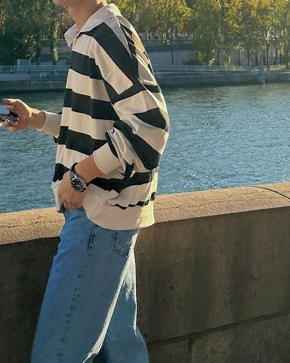 Striped Polo Sweatshirt Classic Pullover Fashion