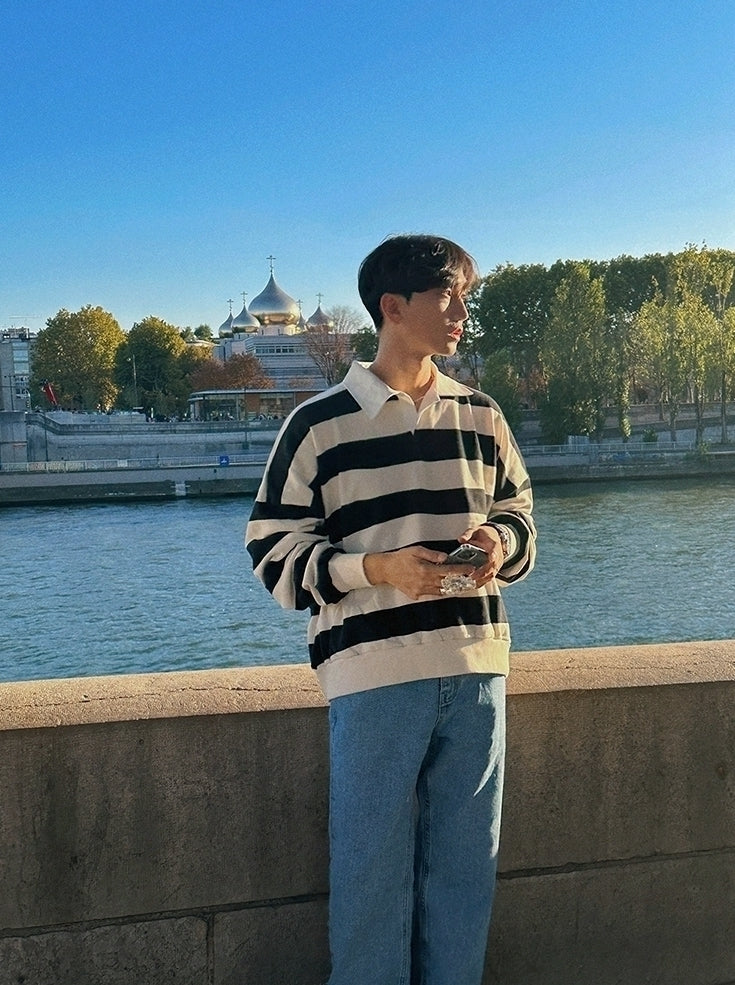 Striped Polo Sweatshirt Classic Pullover Fashion
