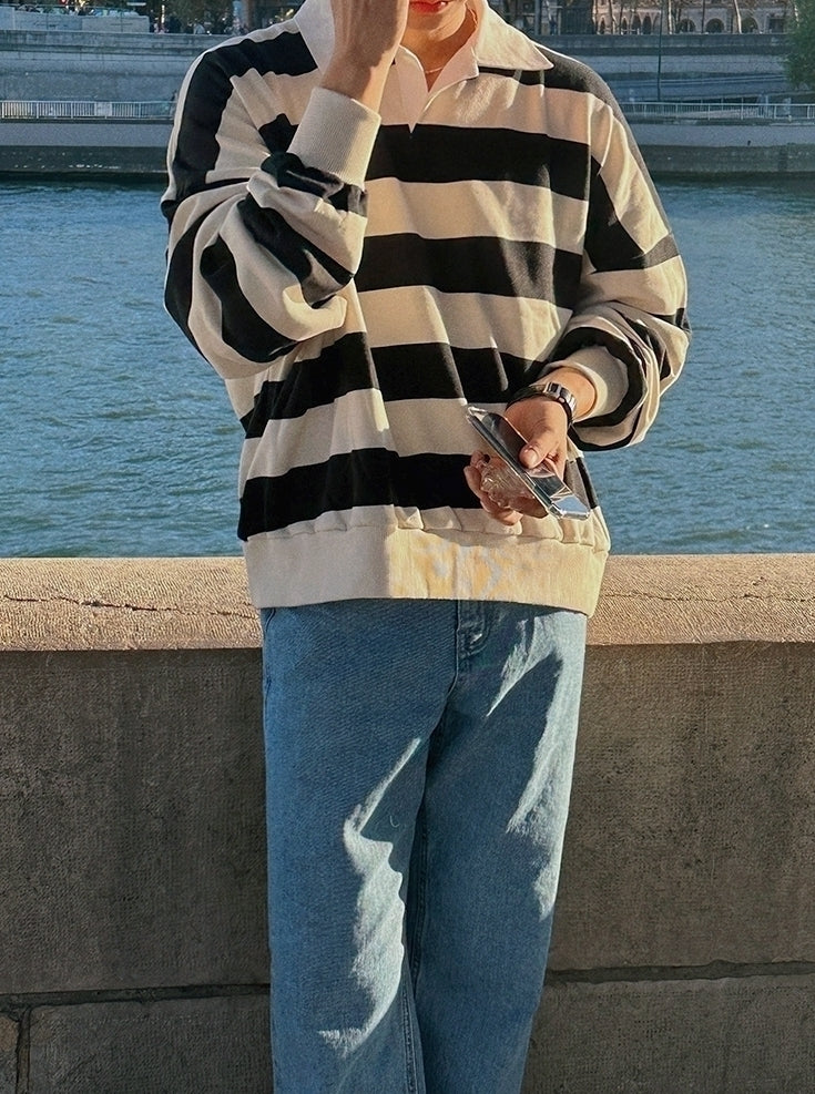 Striped Polo Sweatshirt Classic Pullover Fashion