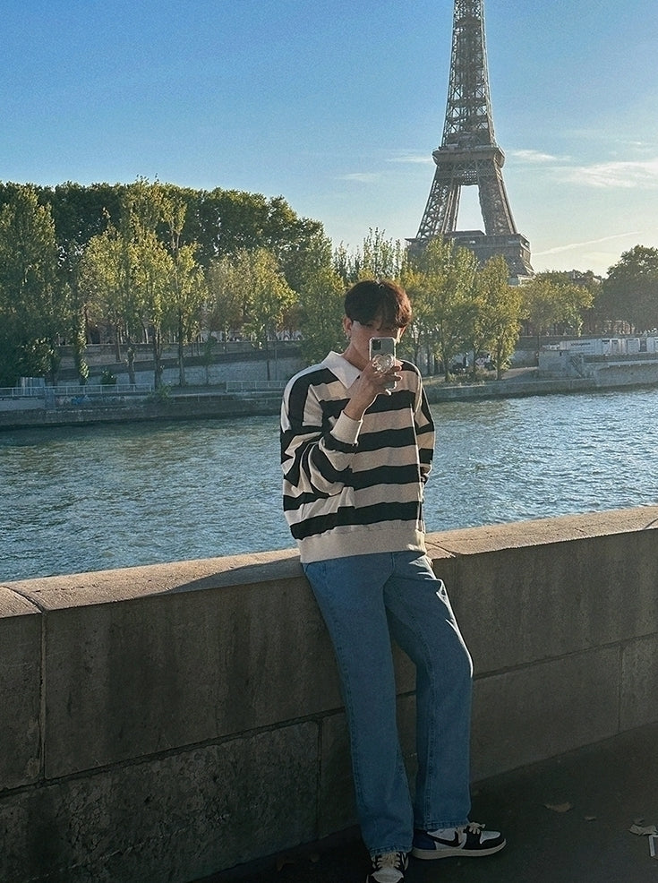 Striped Polo Sweatshirt Classic Pullover Fashion