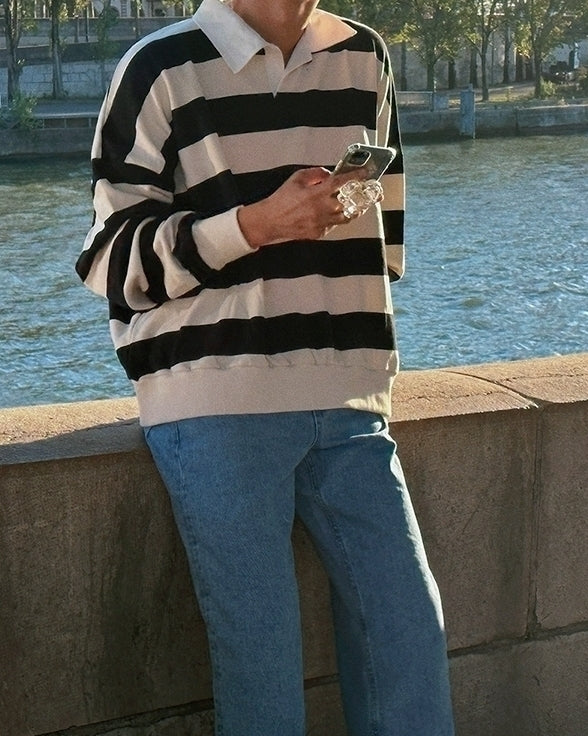 Striped Polo Sweatshirt Classic Pullover Fashion