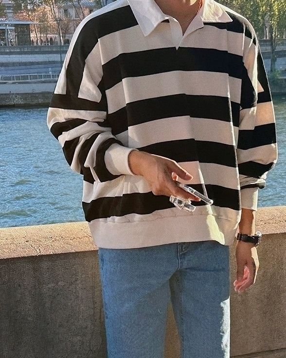 Striped Polo Sweatshirt Classic Pullover Fashion
