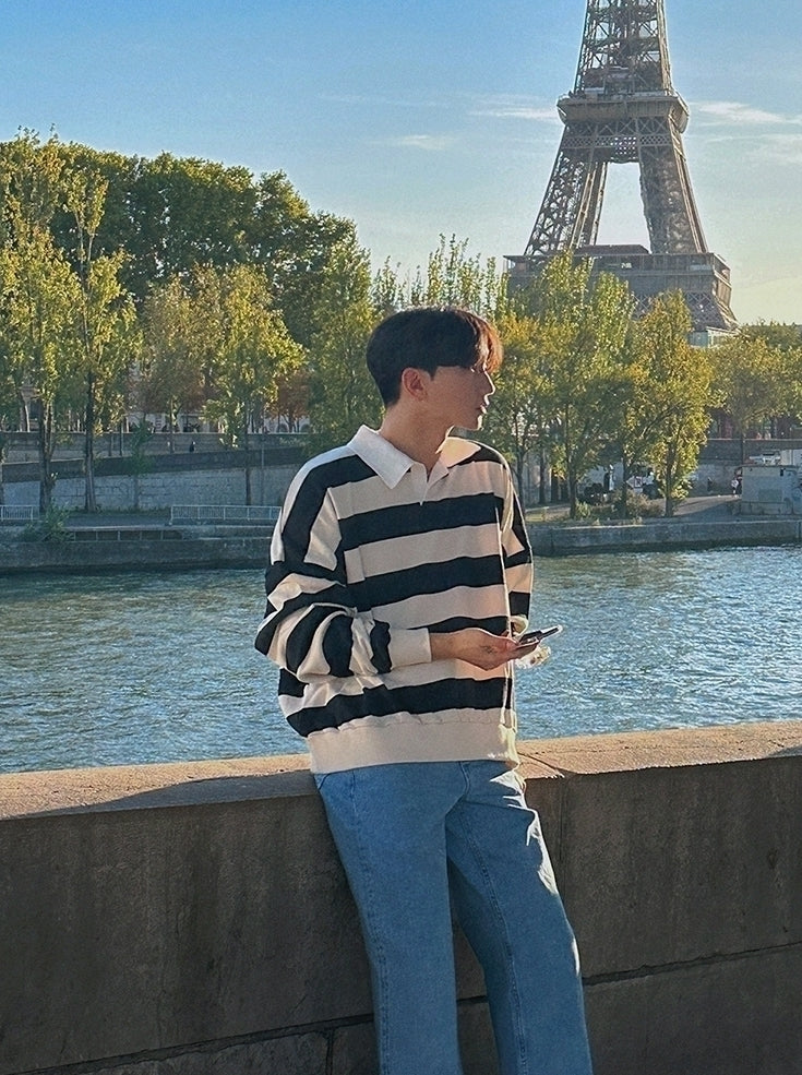 Striped Polo Sweatshirt Classic Pullover Fashion