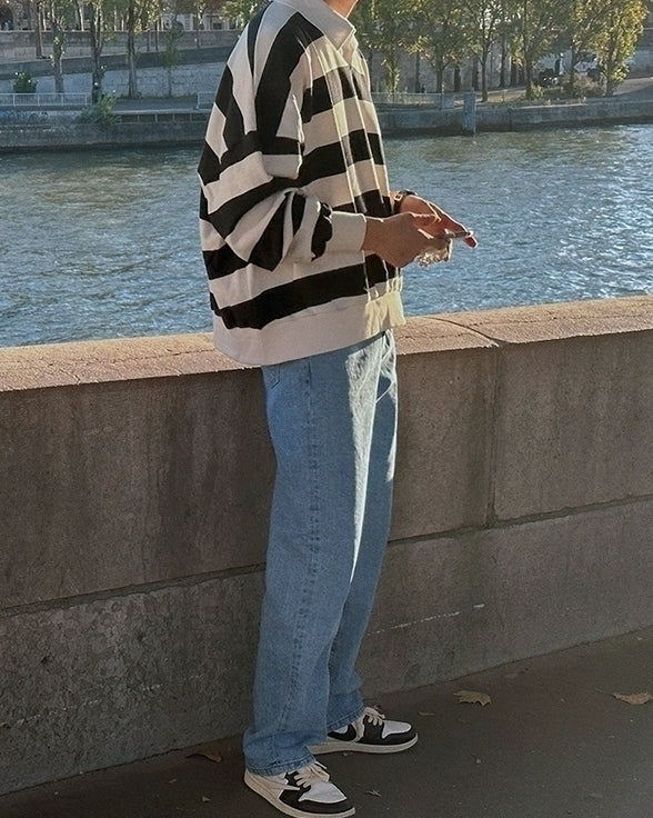 Striped Polo Sweatshirt Classic Pullover Fashion