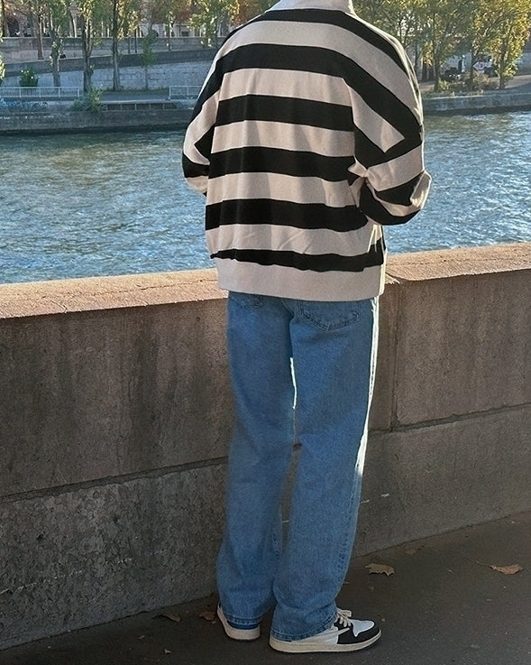 Striped Polo Sweatshirt Classic Pullover Fashion