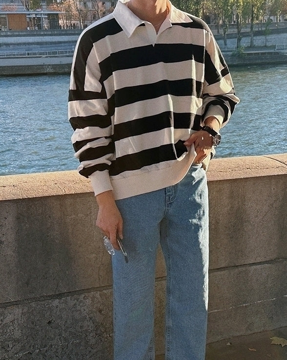 Striped Polo Sweatshirt Classic Pullover Fashion