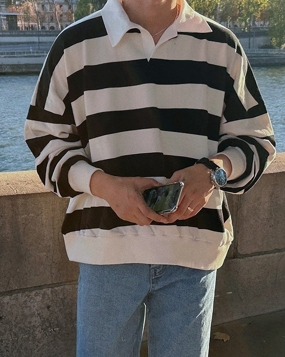 Striped Polo Sweatshirt Classic Pullover Fashion