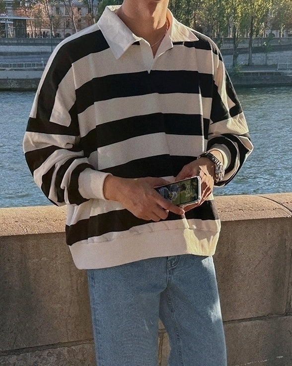 Striped Polo Sweatshirt Classic Pullover Fashion