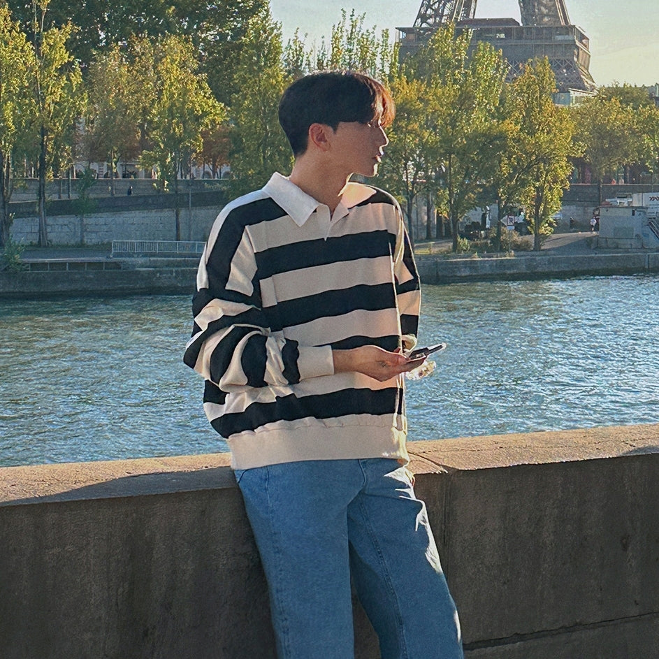 Striped Polo Sweatshirt Classic Pullover Fashion