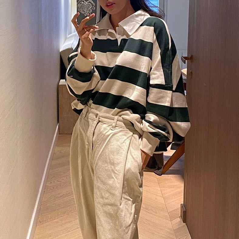 Striped Polo Sweatshirt Classic Pullover Fashion