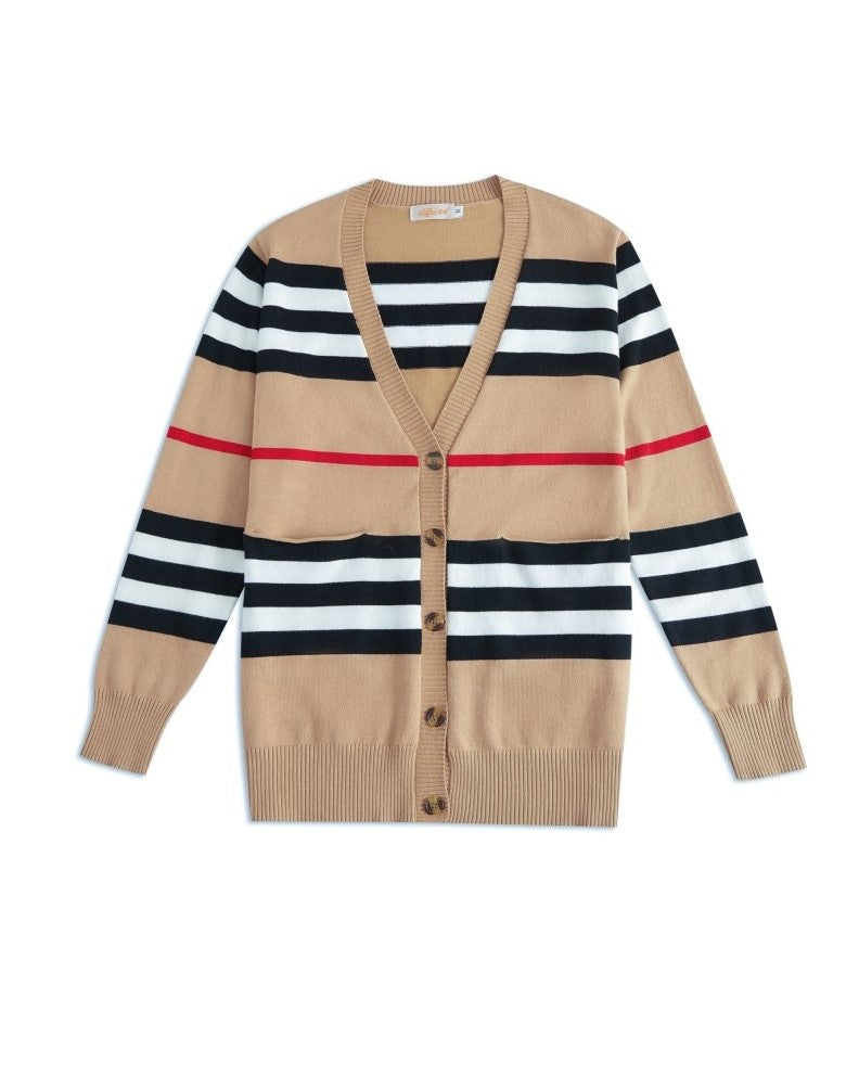 Beige Striped Retro Style Knitted Cardigan