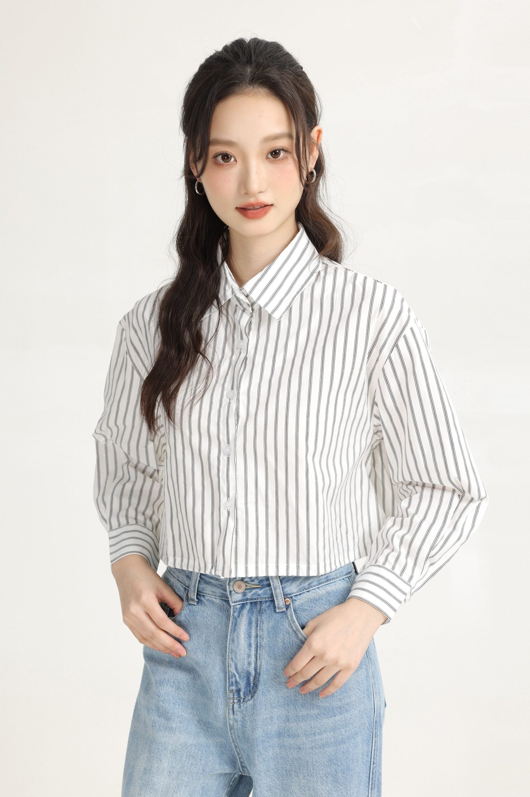 White Vertical Striped Collared Long Sleeve Shirt