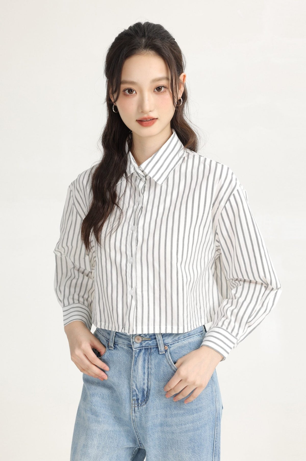 White Vertical Striped Collared Long Sleeve Shirt