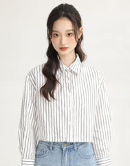 White Vertical Striped Collared Long Sleeve Shirt