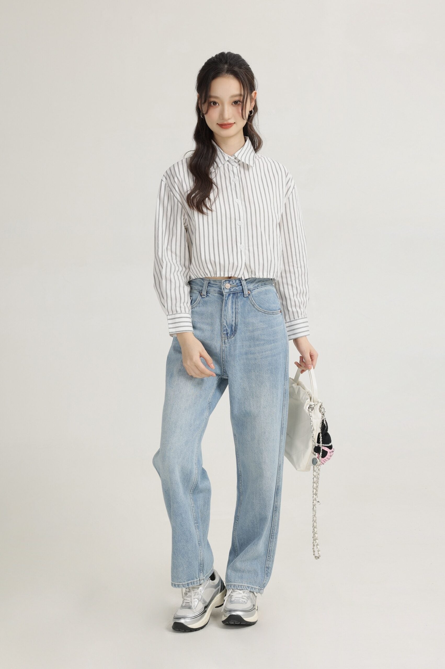 White Vertical Striped Collared Long Sleeve Shirt