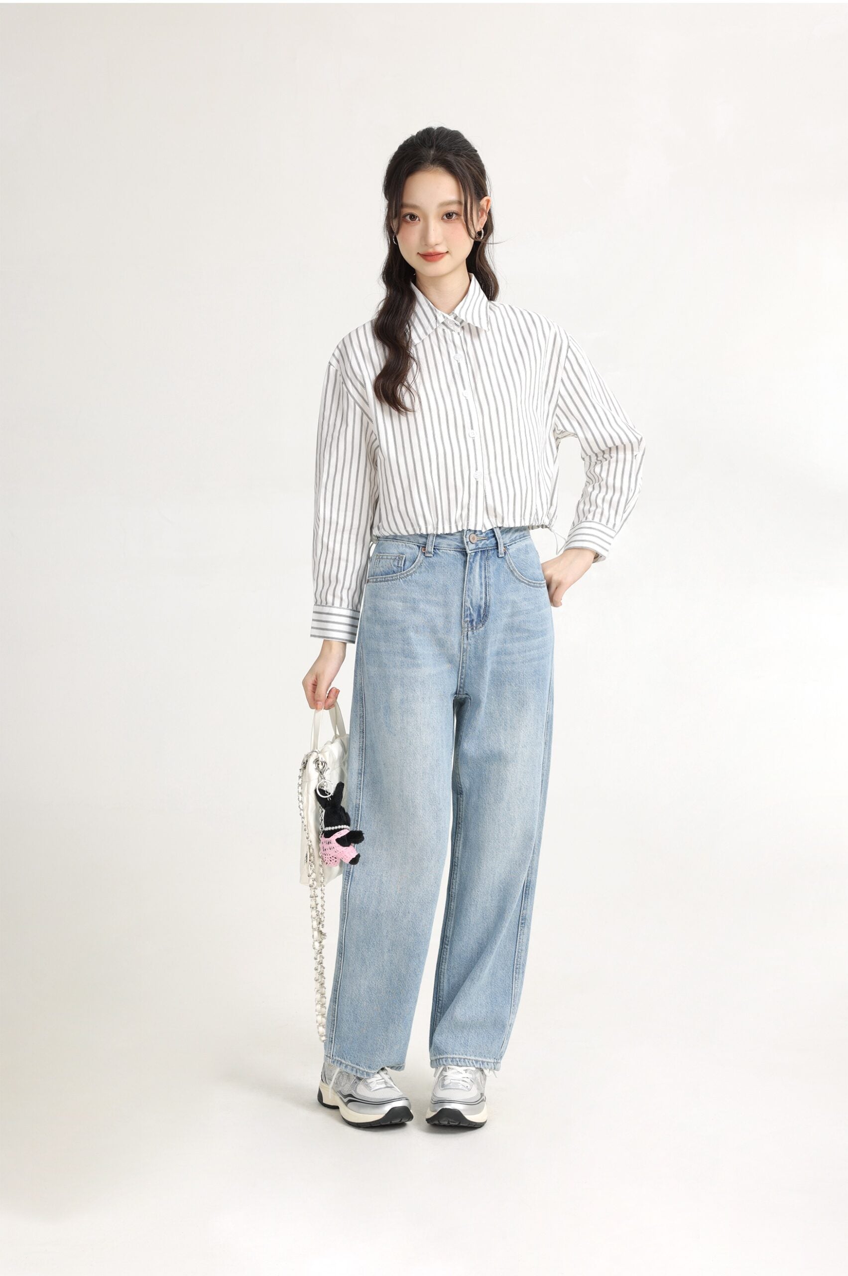 White Vertical Striped Collared Long Sleeve Shirt