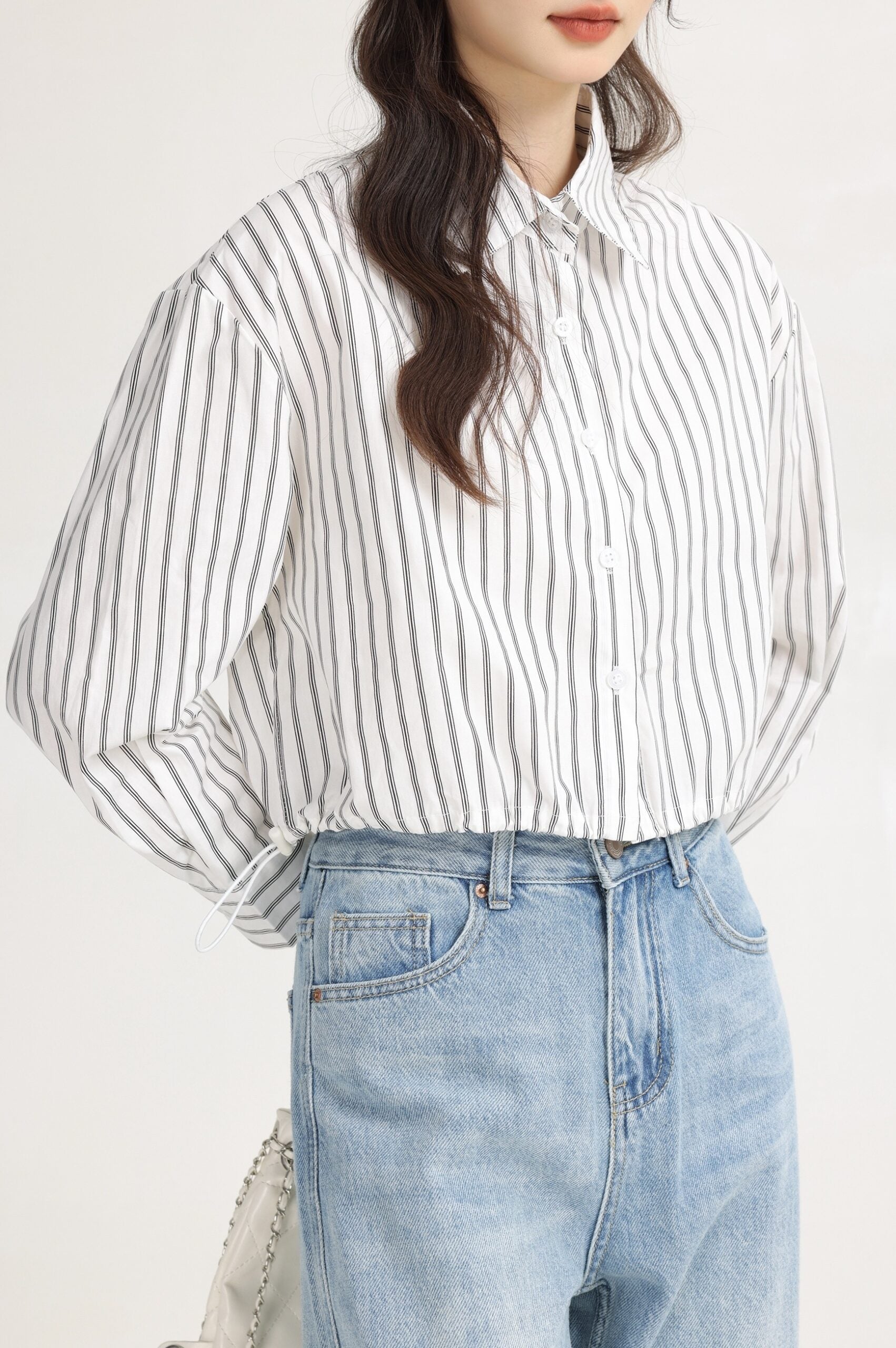 White Vertical Striped Collared Long Sleeve Shirt