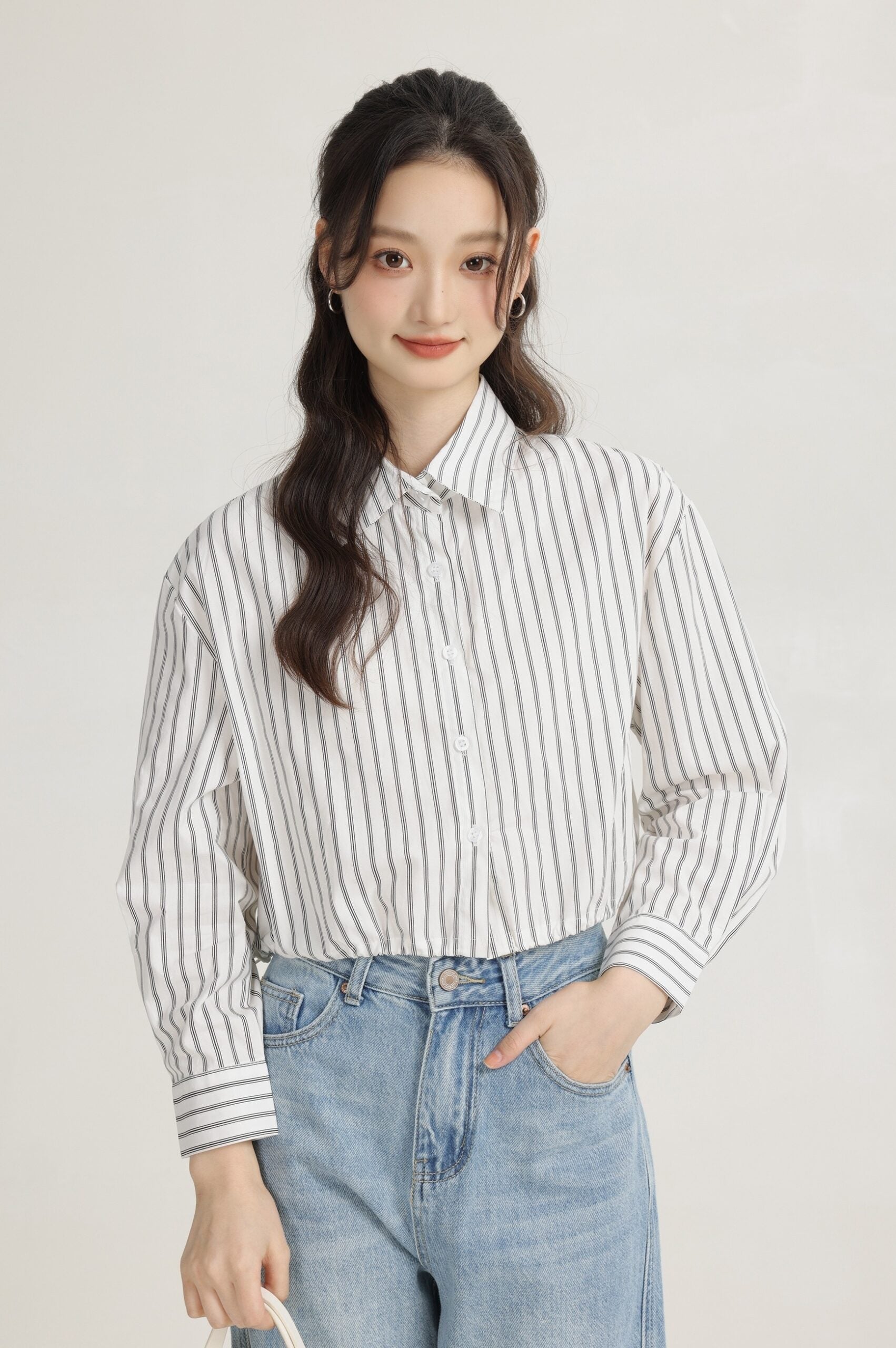 White Vertical Striped Collared Long Sleeve Shirt