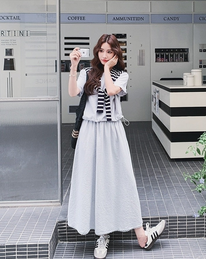 Striped Short Sleeve T Shirt And Skirt Set