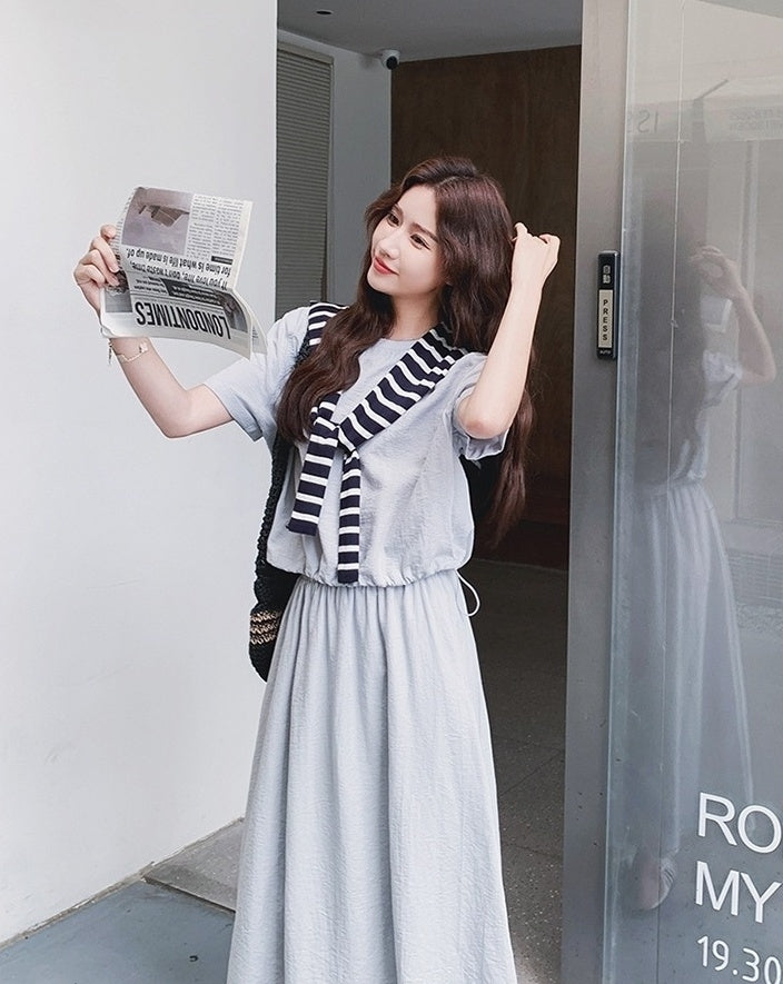 Striped Short Sleeve T Shirt And Skirt Set