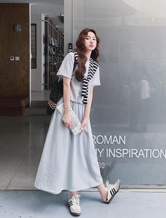 Striped Short Sleeve T Shirt And Skirt Set