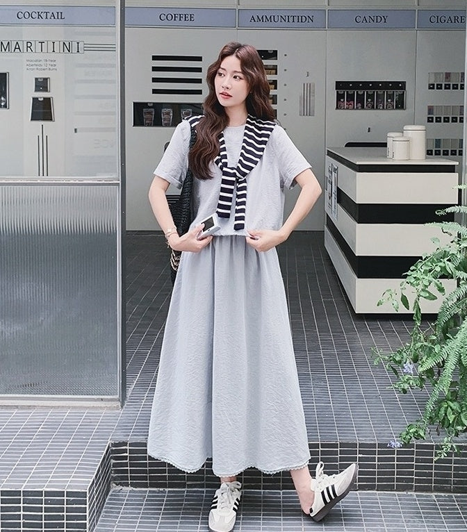 Striped Short Sleeve T Shirt And Skirt Set