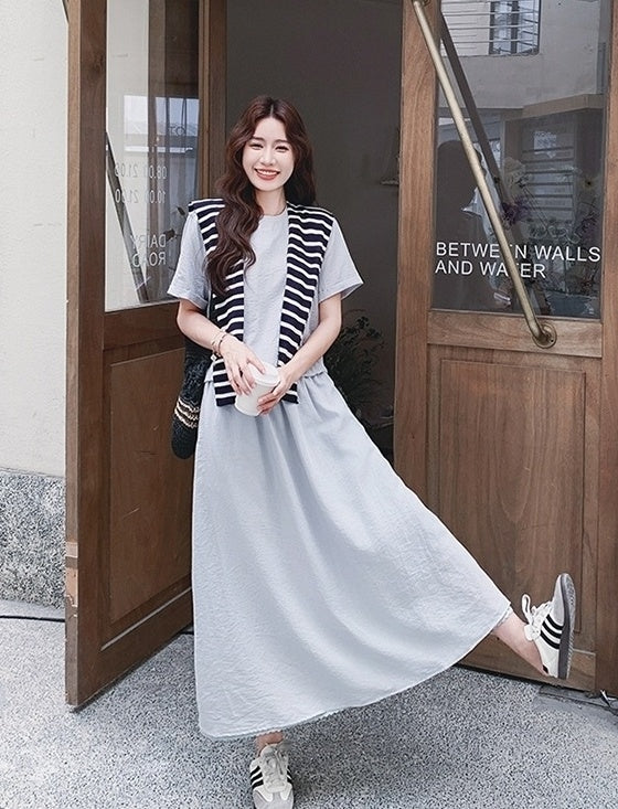 Striped Short Sleeve T Shirt And Skirt Set