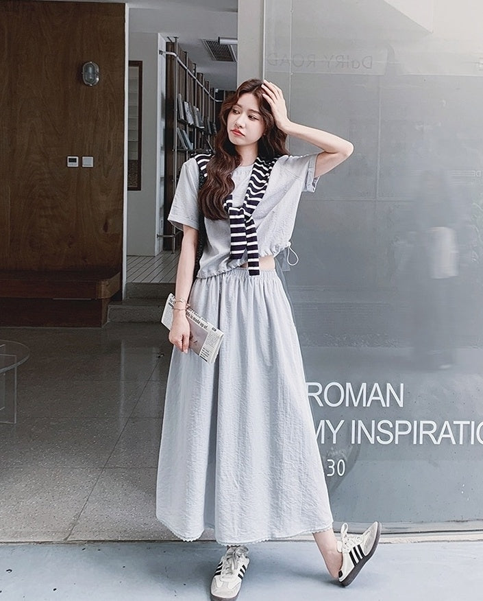 Striped Short Sleeve T Shirt And Skirt Set