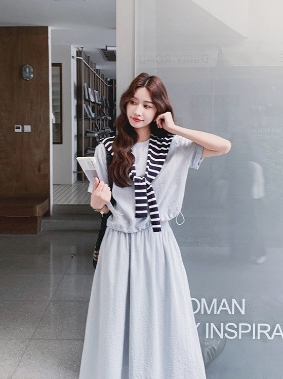 Striped Short Sleeve T Shirt And Skirt Set