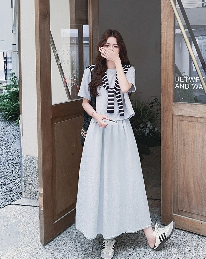 Striped Short Sleeve T Shirt And Skirt Set