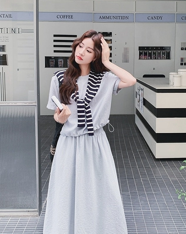 Striped Short Sleeve T Shirt And Skirt Set