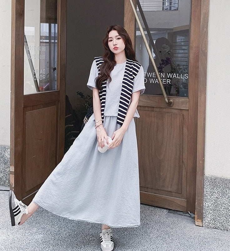 Striped Short Sleeve T Shirt And Skirt Set