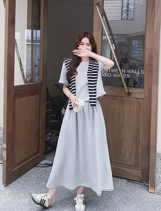 Striped Short Sleeve T Shirt And Skirt Set