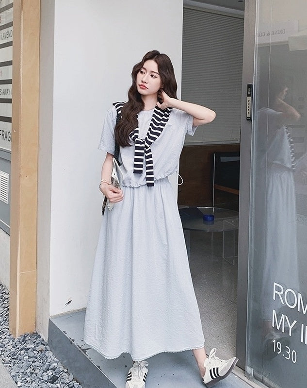 Striped Short Sleeve T Shirt And Skirt Set