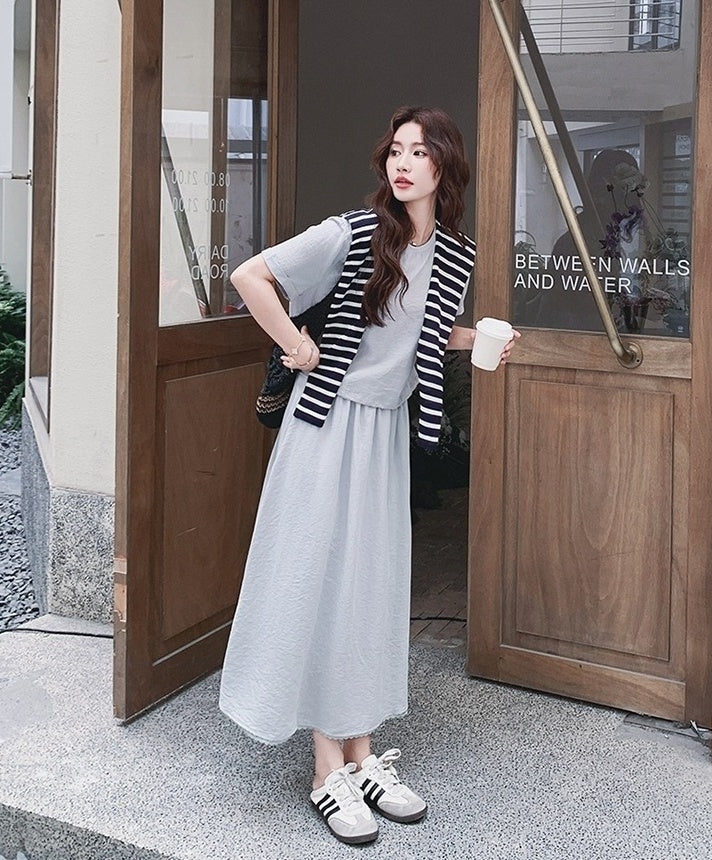 Striped Short Sleeve T Shirt And Skirt Set