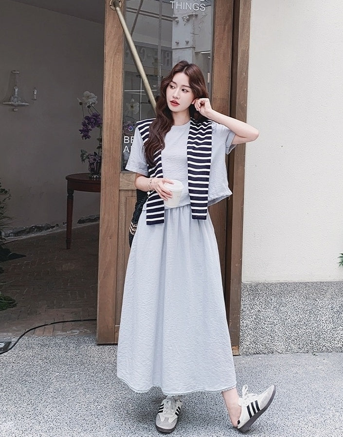 Striped Short Sleeve T Shirt And Skirt Set