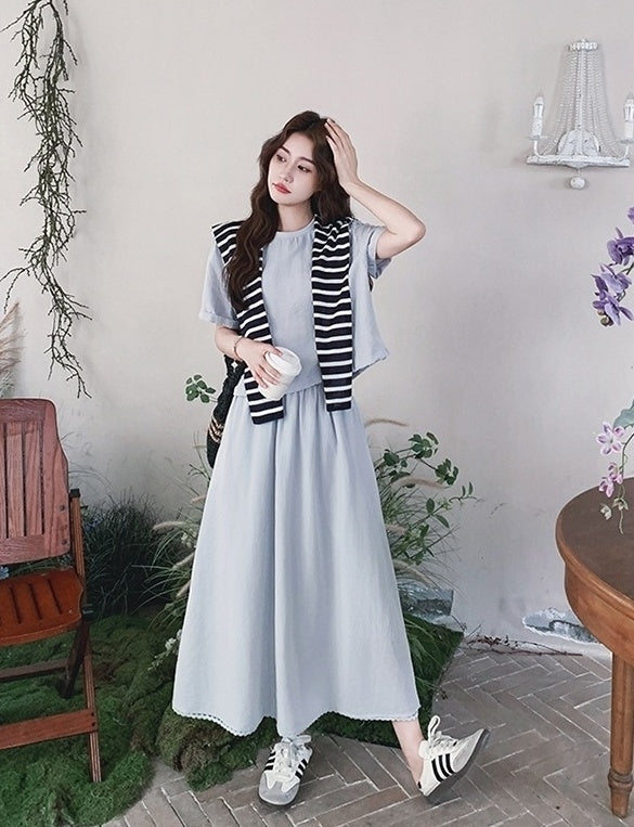 Striped Short Sleeve T Shirt And Skirt Set
