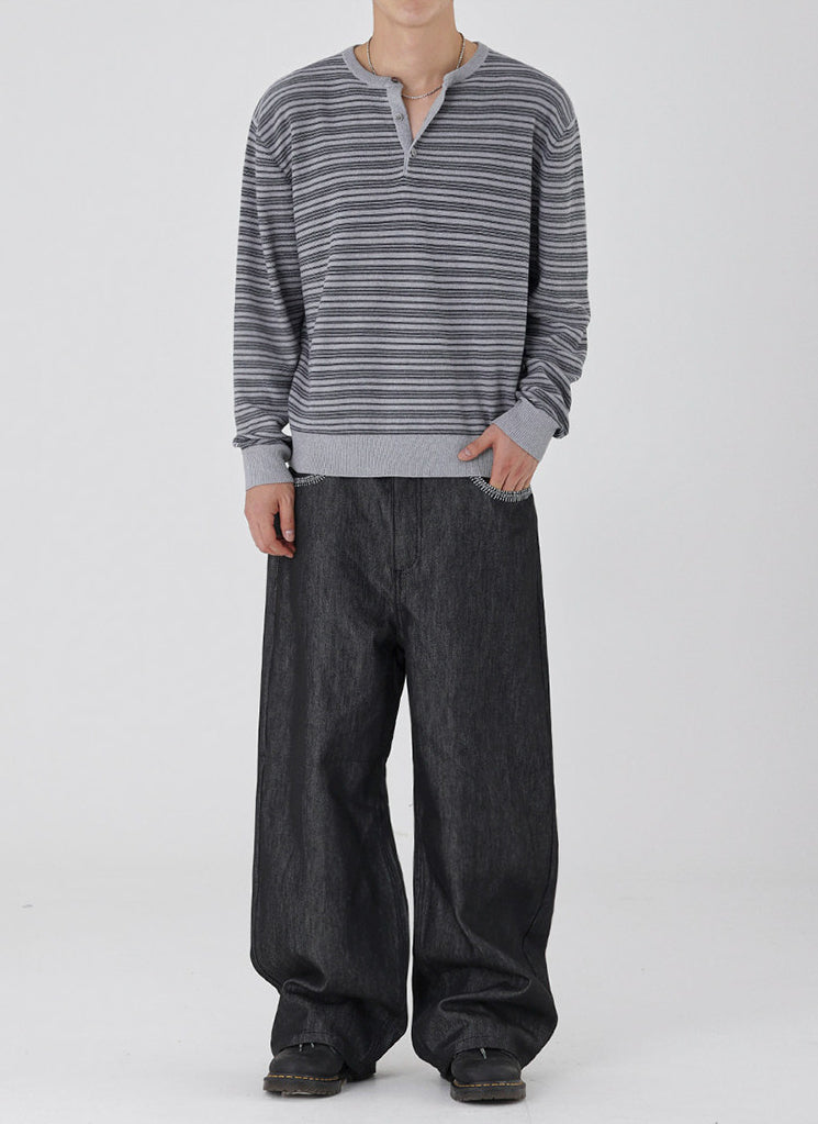 Striped Slim Knit Henley Top