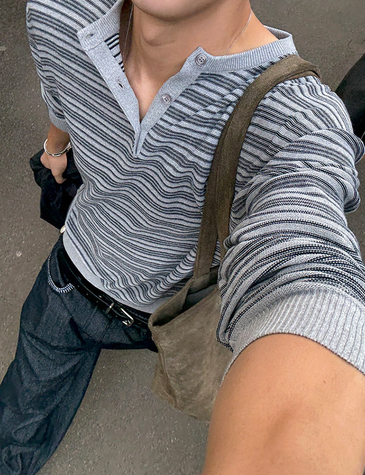 Striped Slim Knit Henley Top