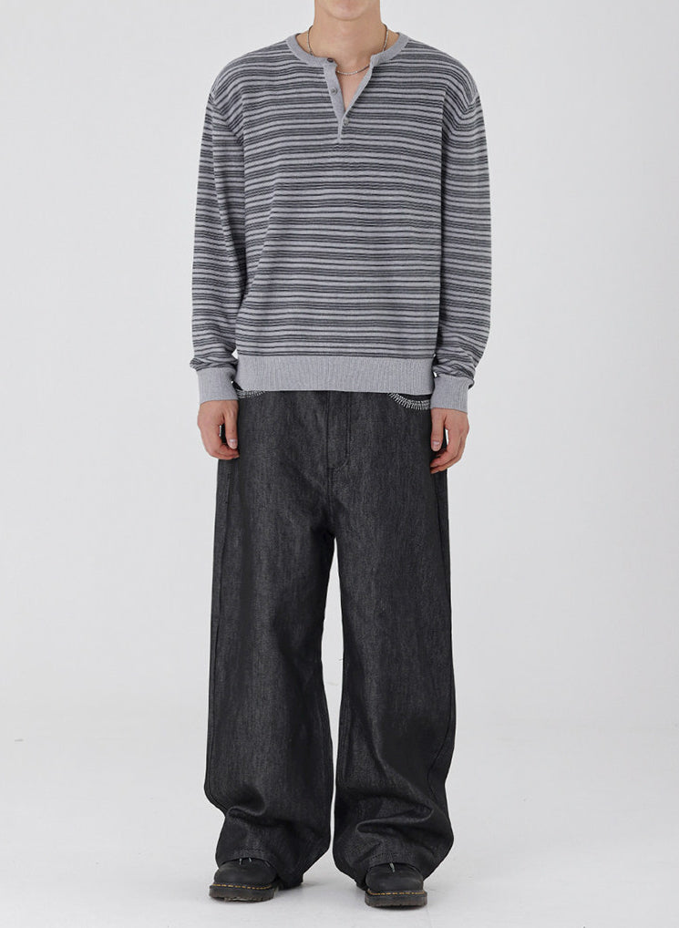 Striped Slim Knit Henley Top