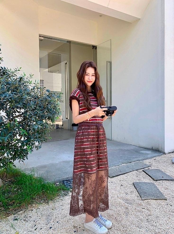Striped T Shirt Dress With Lace Mesh Skirt Set