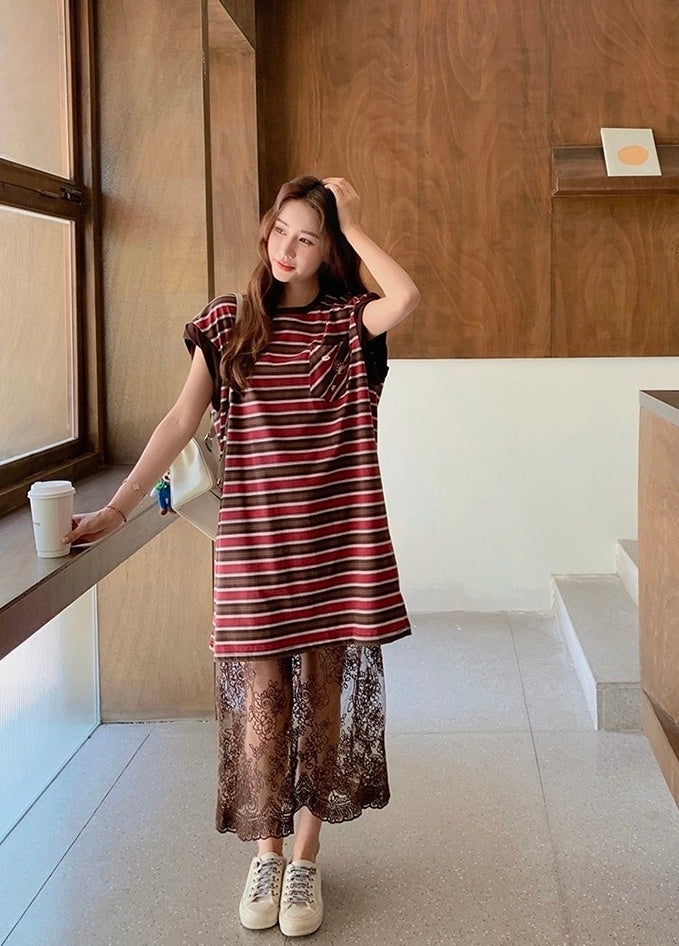 Striped T Shirt Dress With Lace Mesh Skirt Set
