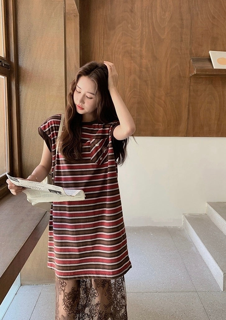 Striped T Shirt Dress With Lace Mesh Skirt Set