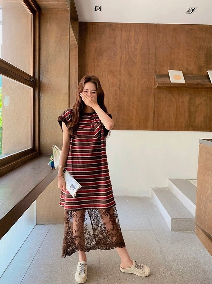 Striped T Shirt Dress With Lace Mesh Skirt Set