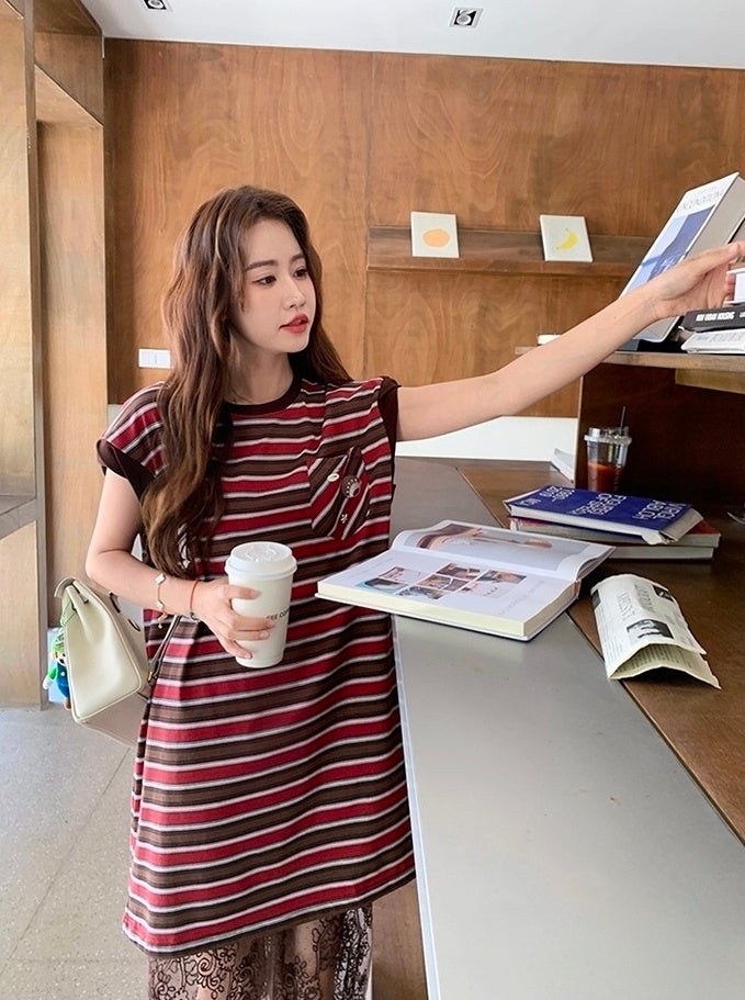 Striped T Shirt Dress With Lace Mesh Skirt Set