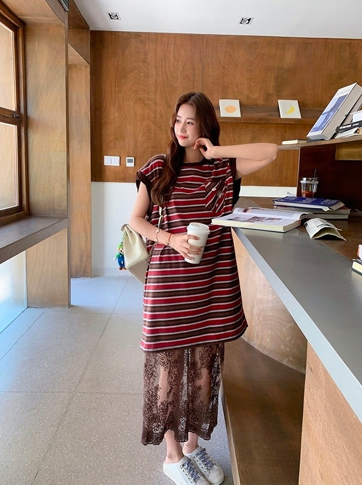 Striped T Shirt Dress With Lace Mesh Skirt Set