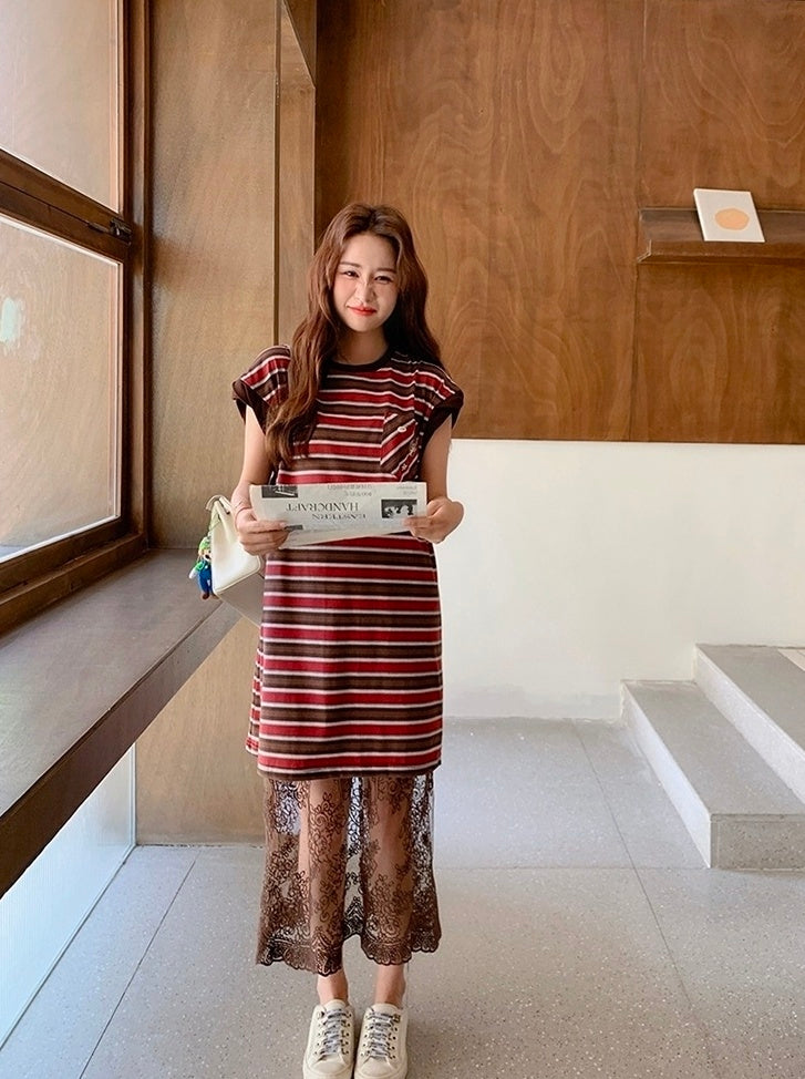 Striped T Shirt Dress With Lace Mesh Skirt Set