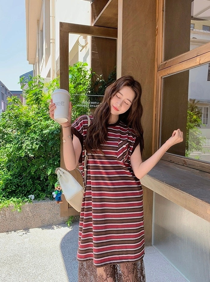 Striped T Shirt Dress With Lace Mesh Skirt Set